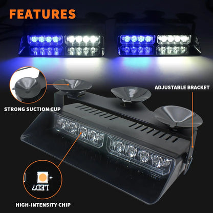 2 in 1 LED Emergency Strobe Lights for Vehicles Front/Rear Windshield with Suction Cups,Dash Deck Safety Flashing Hazard Warning