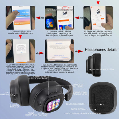 Siindoo JH-ANC930Plus Hybrid Wireless Headphone, Active Noise Cancelling Headphones With Multi Magnetic Touch Control LED Screen