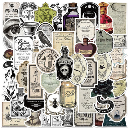 10/50/100pcs Halloween Vintage Potion  Bottle Labels Stickers Retro Horror Gothic Decals Suitcase Scrapbooking Laptop Sticker