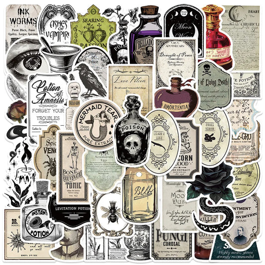 10/50/100pcs Halloween Vintage Potion  Bottle Labels Stickers Retro Horror Gothic Decals Suitcase Scrapbooking Laptop Sticker