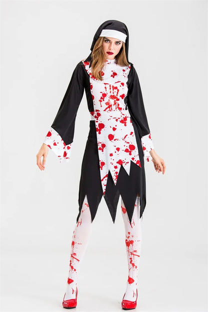 Halloween Costume for Women Nun Costume Cosplay Costumes Vampire Demon Costume Cross Print Long Dress Party Clothes