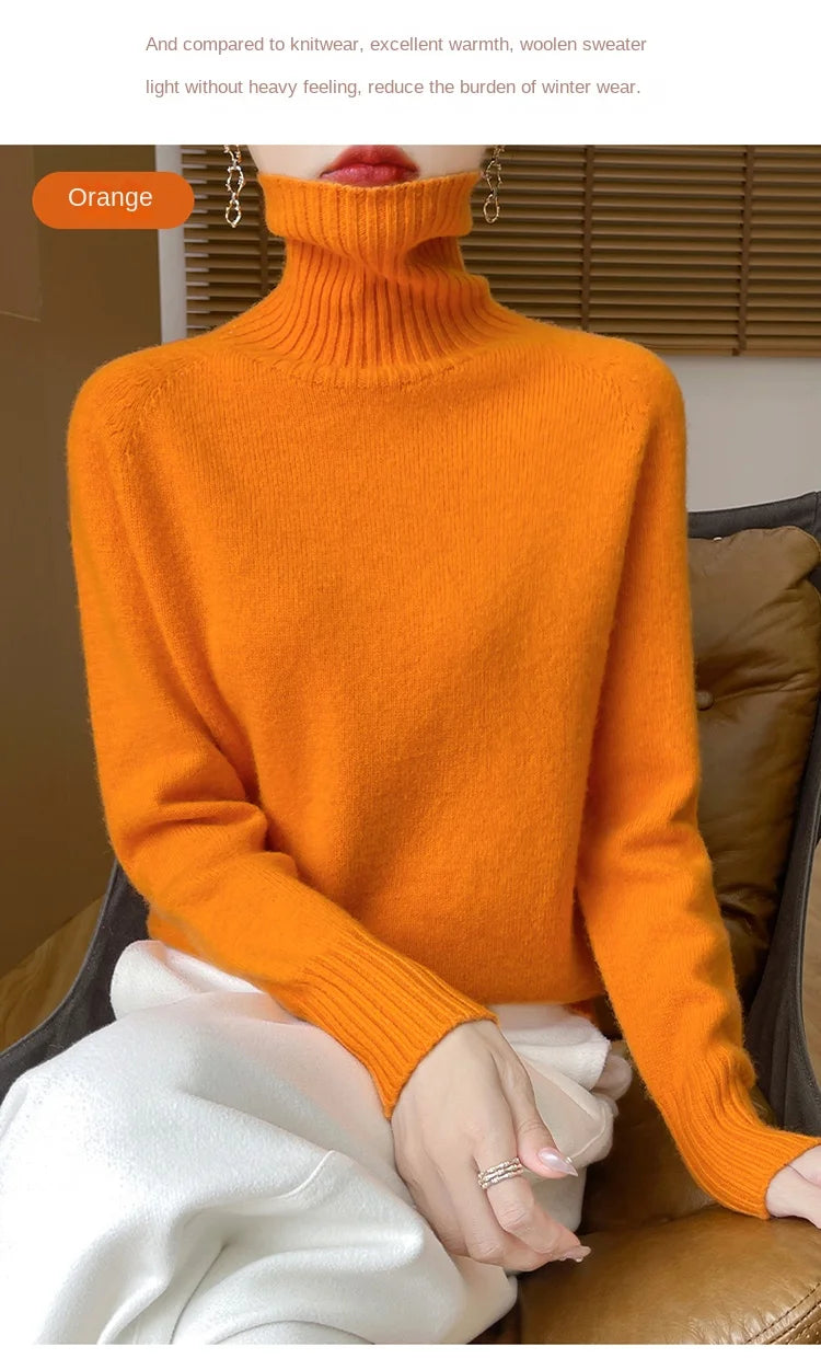 Women's Clothing New Fashion Autumn And Winter Merino Wool Pullover Solid Color Long Sleeve Basic Thermal Top 100% Wool Sweater