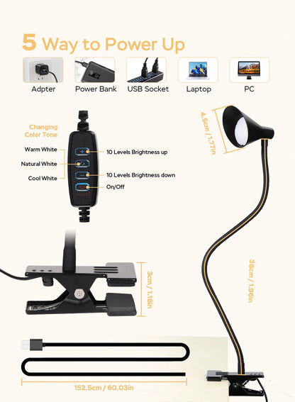 Reading Light, USB Clamp Lamp for ChildReading Book in Bed at Night, LED Small DeskLamp with Adjustable Gooseneck Clip