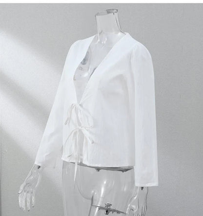 Spring 2025 V-Neck Lace-Up Linen Blouse – Casual Loose Fit