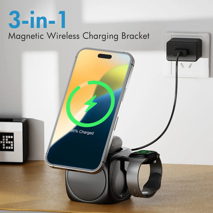 3-In-1 Magnetic Wireless Charging Station Foldable 15W Fast Charge 360 Rotating for IPhone 16 15 14 13 12 Pro/Pro Max/Plus