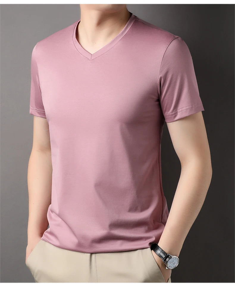 Top Grade 1.7% Mulberry Silk New Summer Brand Tops V Neck t Shirts For Men 2025 Short Sleeve Casual Fashion Mens Clothing
