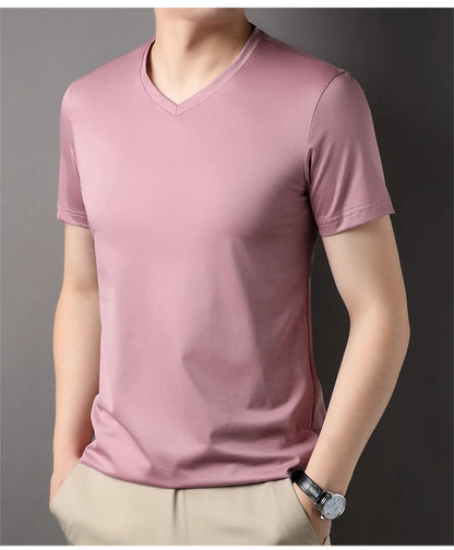 Top Grade 1.7% Mulberry Silk New Summer Brand Tops V Neck t Shirts For Men 2025 Short Sleeve Casual Fashion Mens Clothing