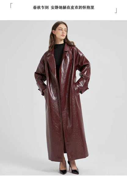 Lautaro Spring Autumn Extra Long Burgundy Pu Leather Trench Coat for Women with Belt Elegant Luxury Designer Maxi Overcoat 2024