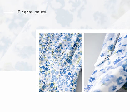 FSLE Blue Romantic Floral Dress Women Elegant Vintage High Waist V-neck Puff Sleeve Summer Printing Female Cotton Long Skirts