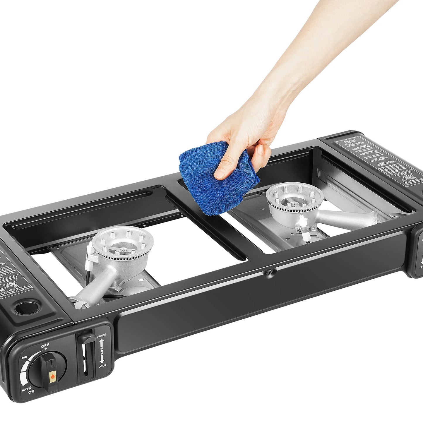 Propane Camping Stove with Dual Burners, Grill Tray, Adjustable Temperature for Outdoor Cooking, Boiling, and Grilling