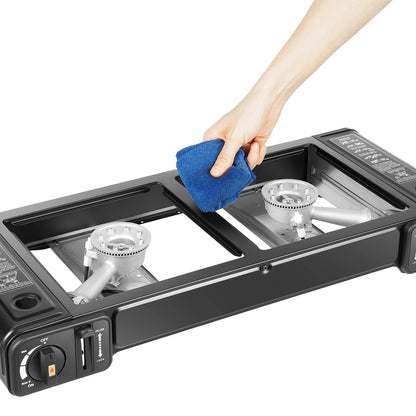 Propane Camping Stove with Dual Burners, Grill Tray, Adjustable Temperature for Outdoor Cooking, Boiling, and Grilling