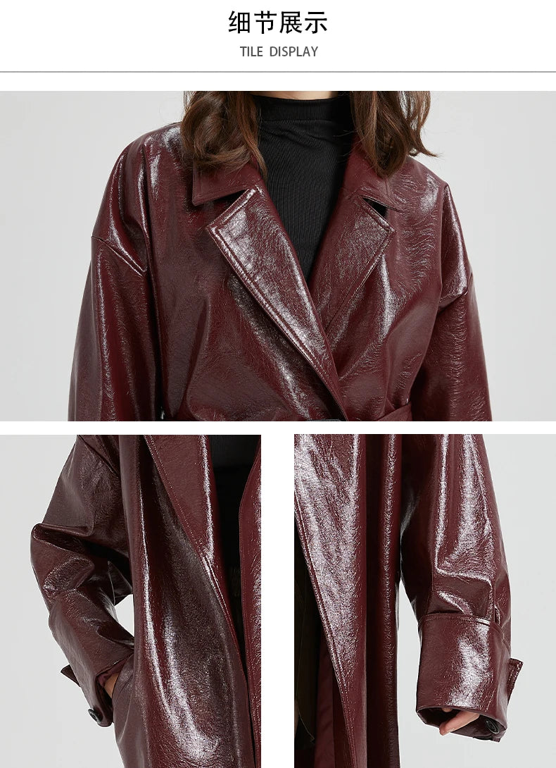 Lautaro Spring Autumn Extra Long Burgundy Pu Leather Trench Coat for Women with Belt Elegant Luxury Designer Maxi Overcoat 2024