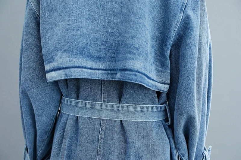2025 Women's Denim Trench Coat Autumn Double Breasted Belted Casual Jean Overcoat Loose Long Windbreaker Jacket Couple Models