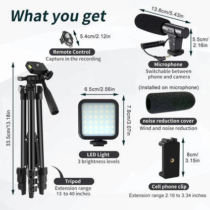 MAMEN Vlogging Kit with Tripod, LED Light & Mic – Portable 48" Setup for Phone Videos & Live Streaming