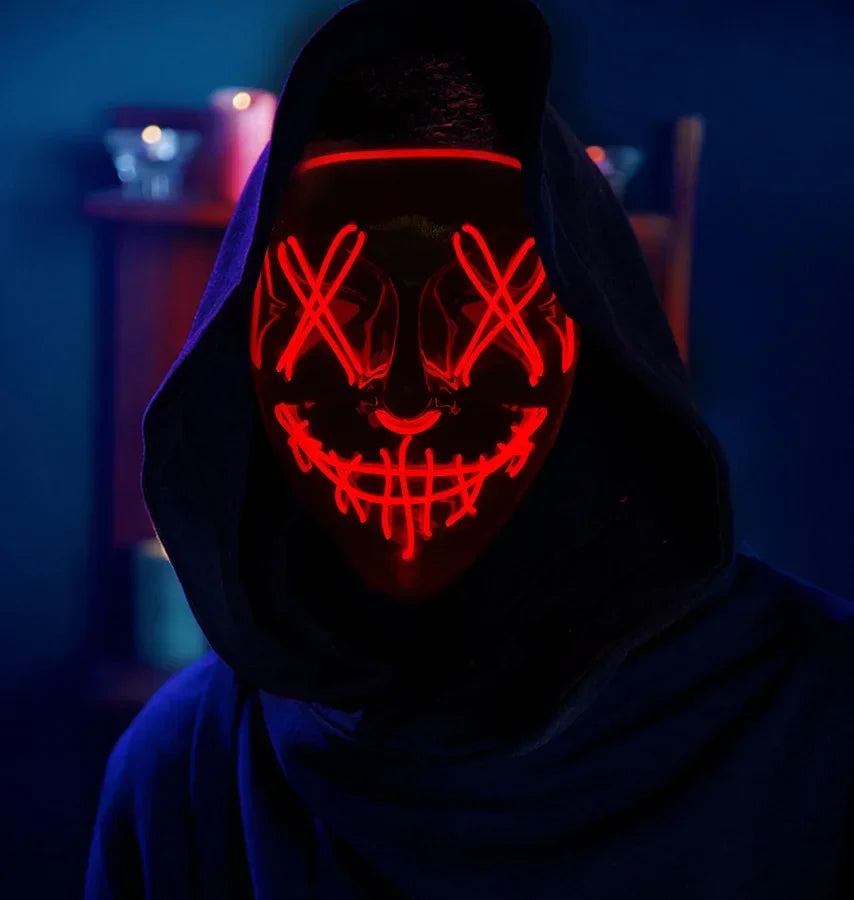 LED Halloween Mask Glow in The Dark Scary Terror Face Cover Bright Scream Light Up Costume for Men Carnival Party