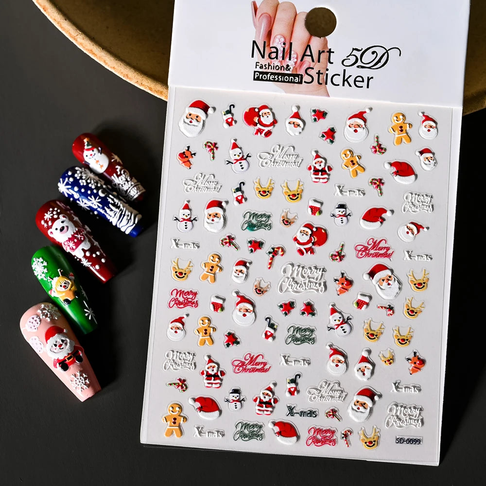 Cute Deer Christmas Nail Stickers 5D Embossed Elk Star Gingerbread Man Snowflake Santa Claus Holly DIY Winter Engraved Manicure*