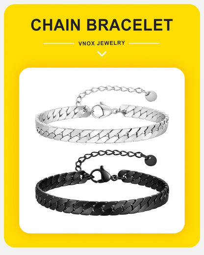 Vnox Gothic Black Cuban Chain Bracelets for Men, Stainless Steel Flat Miami Curb Links Wristband, Simple Metal Jewelry