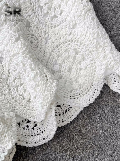 SINGREINY Knit Two Piece Sets Women Summer Vacation Backless Camisole Elastic Waist Shorts Hollow Out Y2K Beach Style Suits