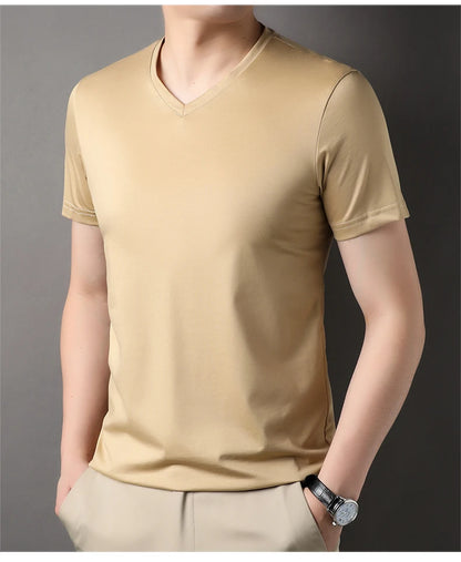 Top Grade 1.7% Mulberry Silk New Summer Brand Tops V Neck t Shirts For Men 2025 Short Sleeve Casual Fashion Mens Clothing