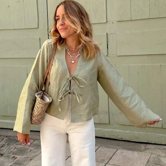 Spring 2025 V-Neck Lace-Up Linen Blouse – Casual Loose Fit
