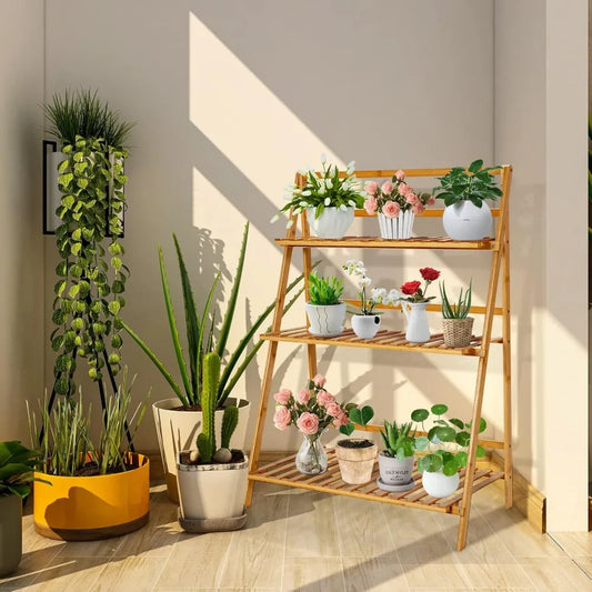 3-Tier Bamboo Plant Stand & Foldable Storage Shelf