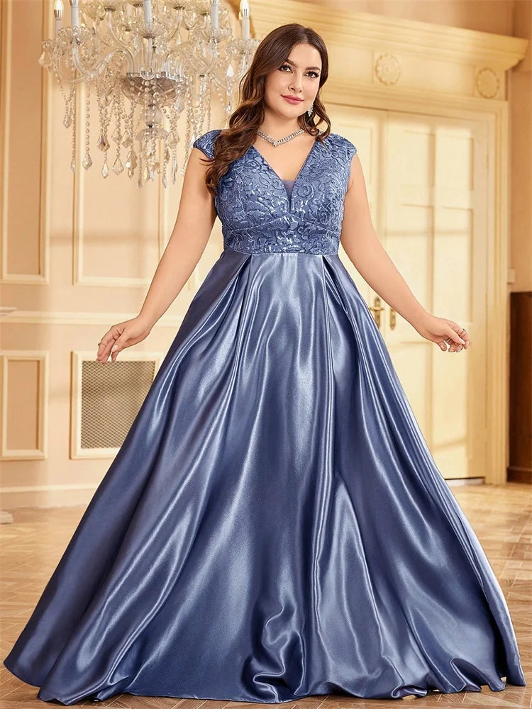 Plus Size Luxury Satin Sleeveless Evening Dress Elegant Long Sequin Splice A-line Formal Wedding Party Cocktail Gowns