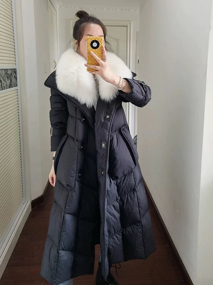 Reality Fur Jacket Women New Winter White Duck Down Coat Warm Long Parkas Real Fox Fur Collar Female Hooded Snow Puffer Coats
