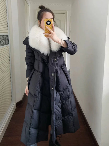 Reality Fur Jacket Women New Winter White Duck Down Coat Warm Long Parkas Real Fox Fur Collar Female Hooded Snow Puffer Coats