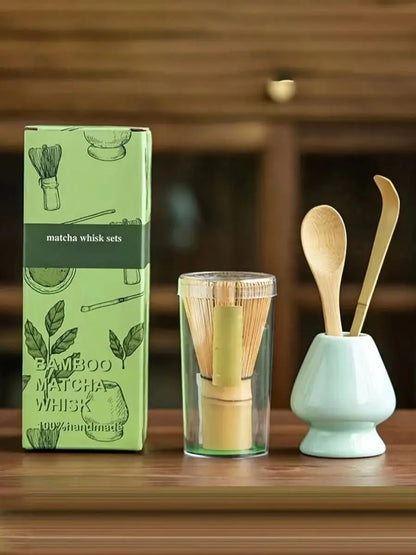 4pcs/set Matcha Set Bamboo Whisk Tea spoon Ceramic fittings Matcha Whisk (Chasen) Tea Spoon And Scoop (Chashaku) Tea-making Tool