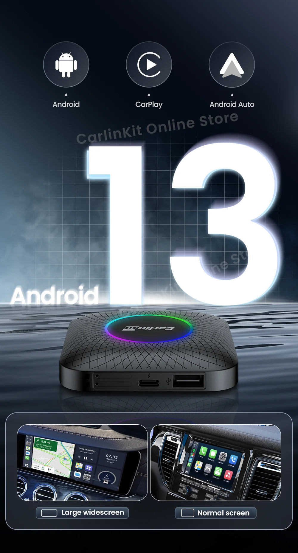 Carlinkit Android 13 Tv Box LED 8+128GB CarPlay Wireless Android Auto Wireless Adapter Support Youtube Netfilx IPTV Spotify GPS
