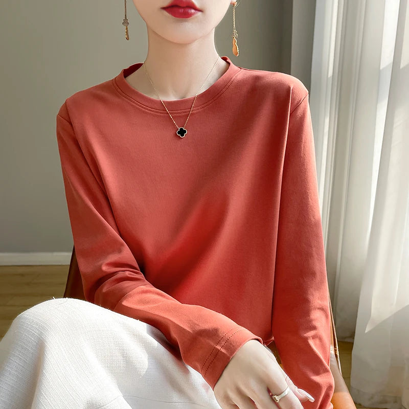 Spring Autumn 100% Cotton Long-Sleeved T-Shirt Women's Round Neck Mercerized Cotton Bottoming Shirt Loose Top