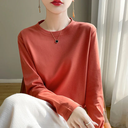 Spring Autumn 100% Cotton Long-Sleeved T-Shirt Women's Round Neck Mercerized Cotton Bottoming Shirt Loose Top