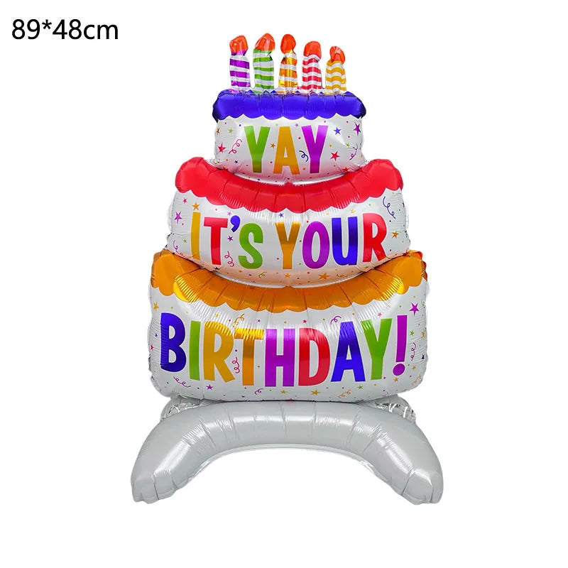 Birthday Cake Balloon with Base Standing Foil Balloon Cute Cake Balloon Kids Boy Girl Birthday Party Decor Supplies Baby Shower