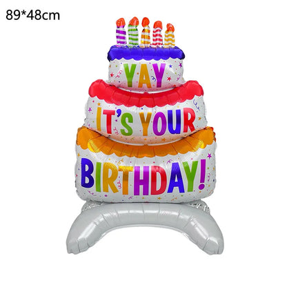 Birthday Cake Balloon with Base Standing Foil Balloon Cute Cake Balloon Kids Boy Girl Birthday Party Decor Supplies Baby Shower