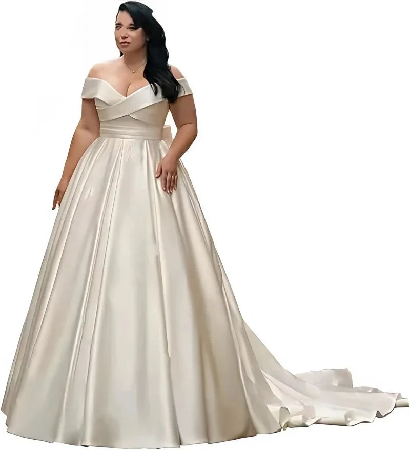 Satin V Neck Plus Size Wedding Dresses Off The Shoulder Lace Up Back Big Bow Pleated Bridal Gown with Pockets and Court Train