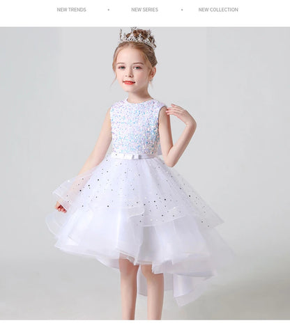 2023 Hot style Summer Sequin Lace Tuxedo Wedding Dress for girls 3-13 years old Sleeveless fluffy Mesh gauze Doveark brand