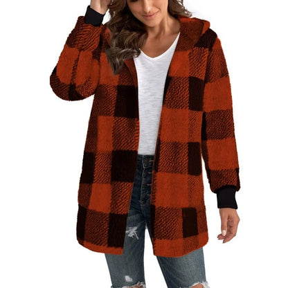 Women Autumn Winter Double Fleece Plaid Cardigan Soft Loose Long Sleeve Plush Warm Hooded Jacket Female Patchwork Outerwear Coat