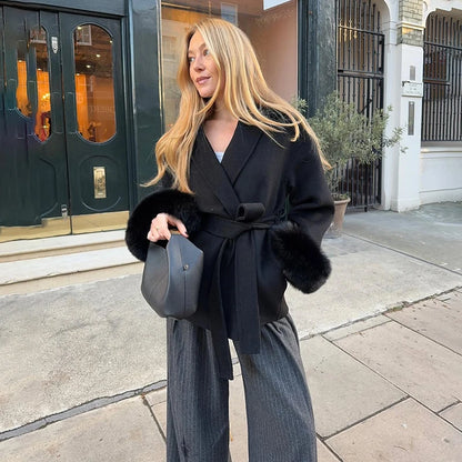 TARUXY Fox Fur Woolen Coats Women's Short Coat Office Lady Removable Elegant Double-sided Wool Overcoat 2025 New Cardigan Jacket