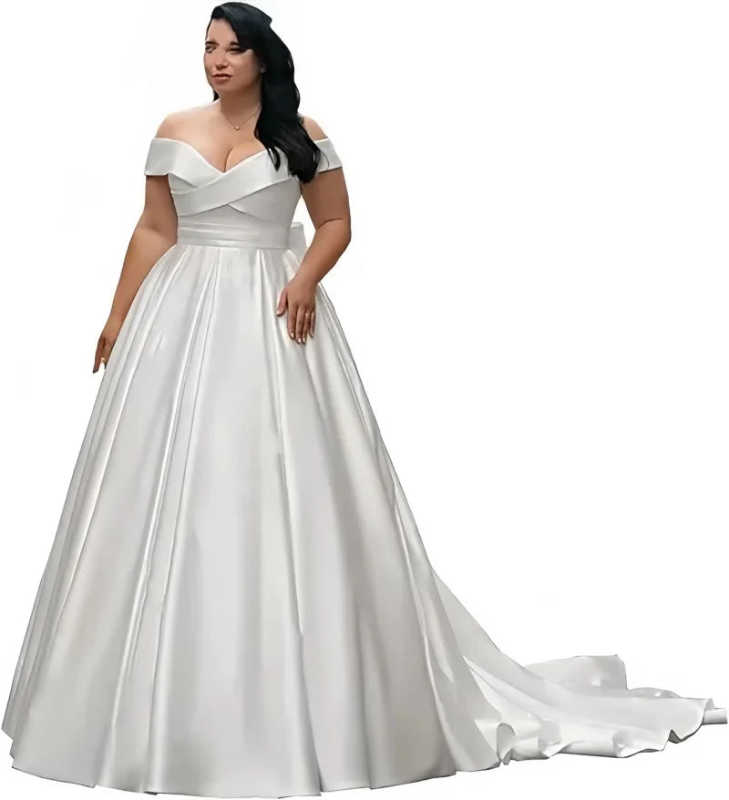 Satin V Neck Plus Size Wedding Dresses Off The Shoulder Lace Up Back Big Bow Pleated Bridal Gown with Pockets and Court Train