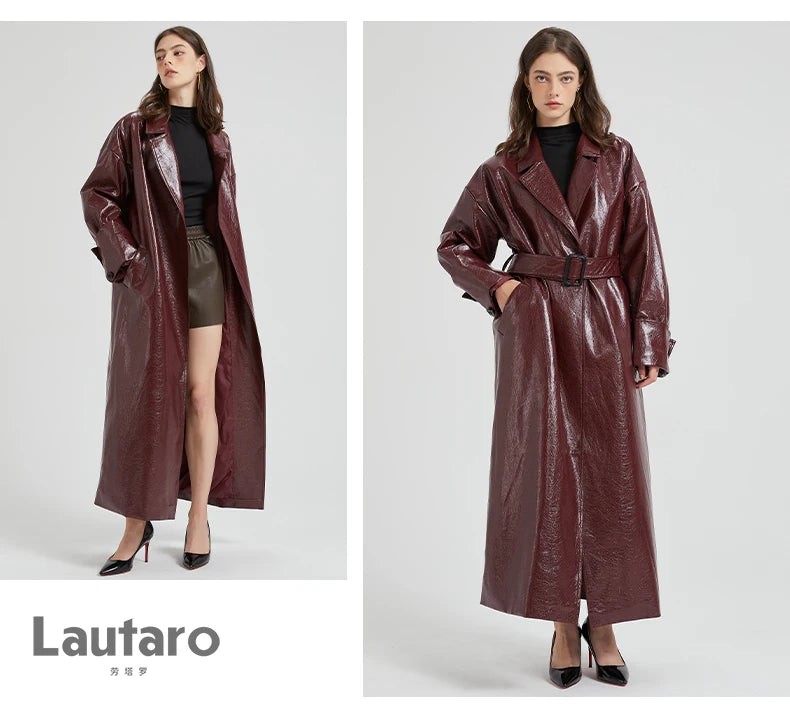 Lautaro Spring Autumn Extra Long Burgundy Pu Leather Trench Coat for Women with Belt Elegant Luxury Designer Maxi Overcoat 2024