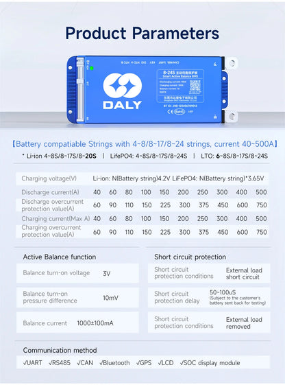 Daly BMS Smart Lifepo4 8S BMS Wifi Active Balancer 1A Current BMS 4S 12V 16S 48V Bluetooth 40A 60A 80A 100A 150A 200A Li-ion CAN
