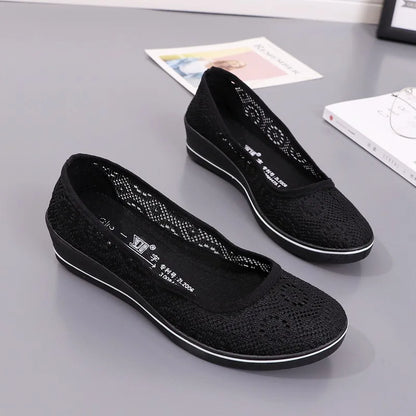 Women’s White Lace Breathable Slip-On Sneakers – Casual Summer Flats with Low Wedge Comfort Sole
