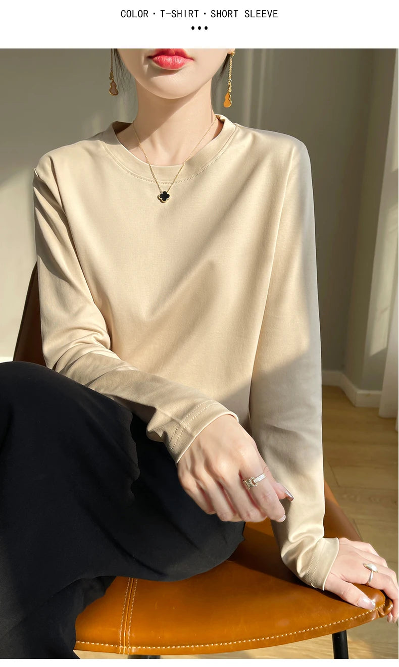 Spring Autumn 100% Cotton Long-Sleeved T-Shirt Women's Round Neck Mercerized Cotton Bottoming Shirt Loose Top