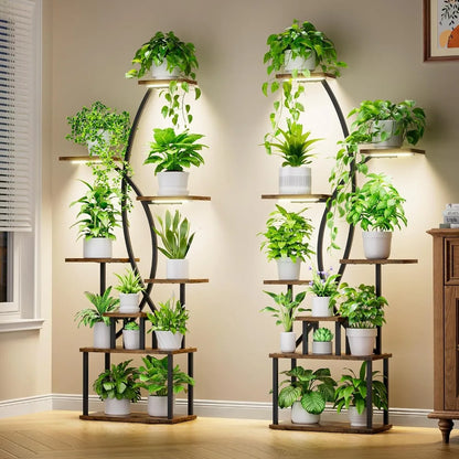 8-Tier Indoor Plant Stand with Grow Lights – Tall Metal Shelf for Corners & Living Rooms, Space-Saving Display Rack for Multiple Plants