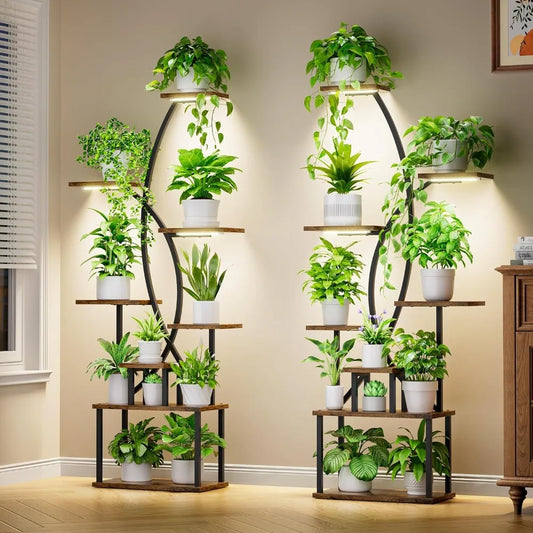 8-Tier Indoor Plant Stand with Grow Lights – Tall Metal Shelf for Corners & Living Rooms, Space-Saving Display Rack for Multiple Plants