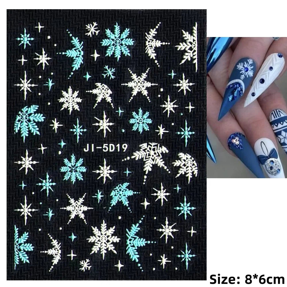 Cute Deer Christmas Nail Stickers 5D Embossed Elk Star Gingerbread Man Snowflake Santa Claus Holly DIY Winter Engraved Manicure*