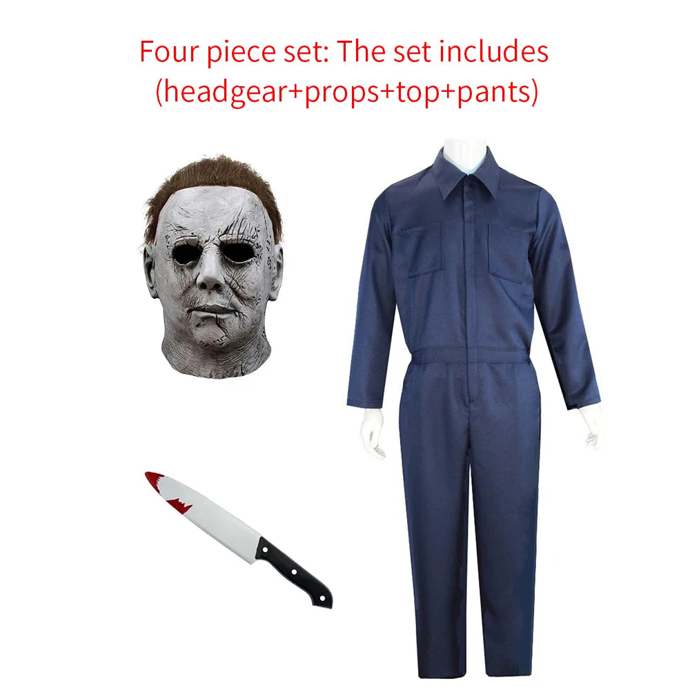 Adult Michael Myers Costume Set - Cosplay Horror Demon Killer Mask And Blue Disguise Outfit for Men Halloween Working Clothes