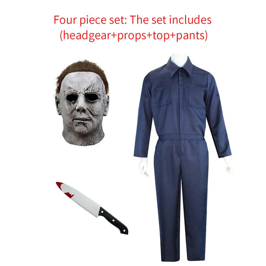 Adult Michael Myers Costume Set - Cosplay Horror Demon Killer Mask And Blue Disguise Outfit for Men Halloween Working Clothes