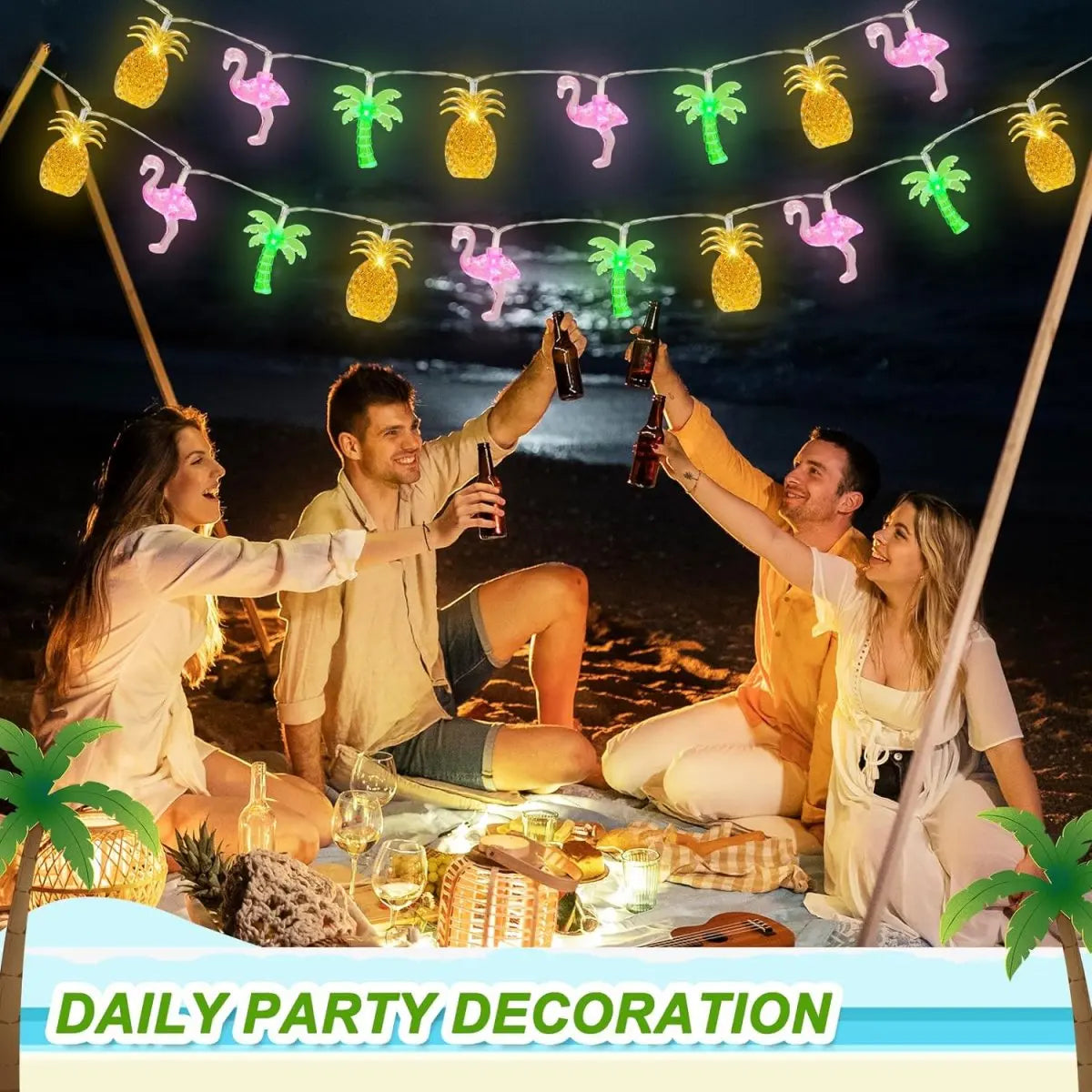 1PC 10/20 LED Flamingo Pineapple Palm Tree String Lights Battery Operated Tropical Beach Hawaiian Fairy Atmosphere Lights