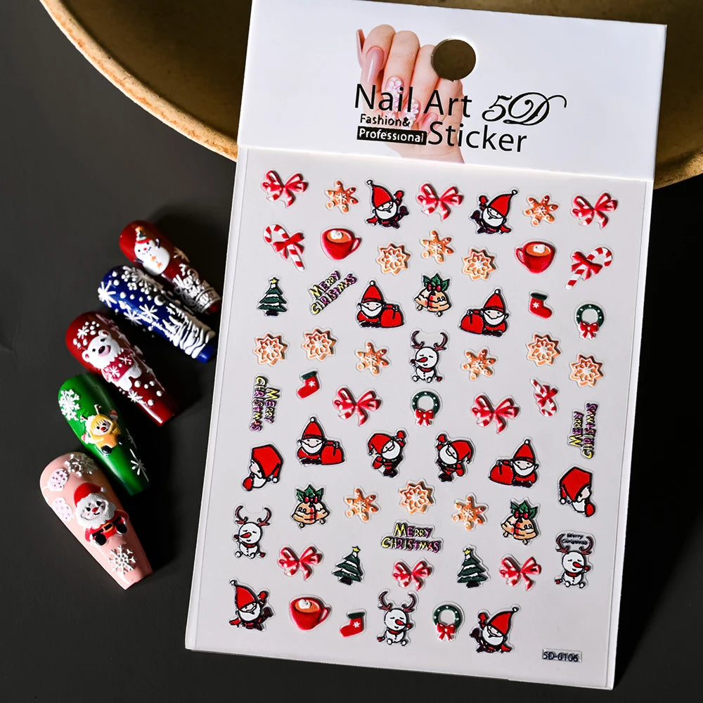 Cute Deer Christmas Nail Stickers 5D Embossed Elk Star Gingerbread Man Snowflake Santa Claus Holly DIY Winter Engraved Manicure*